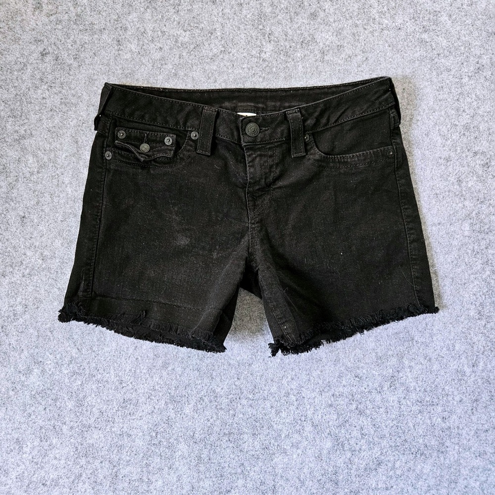 True Religion Black Cut Off Denim Shorts Horseshoe Flap Pocket Size 32 W21Z21EL